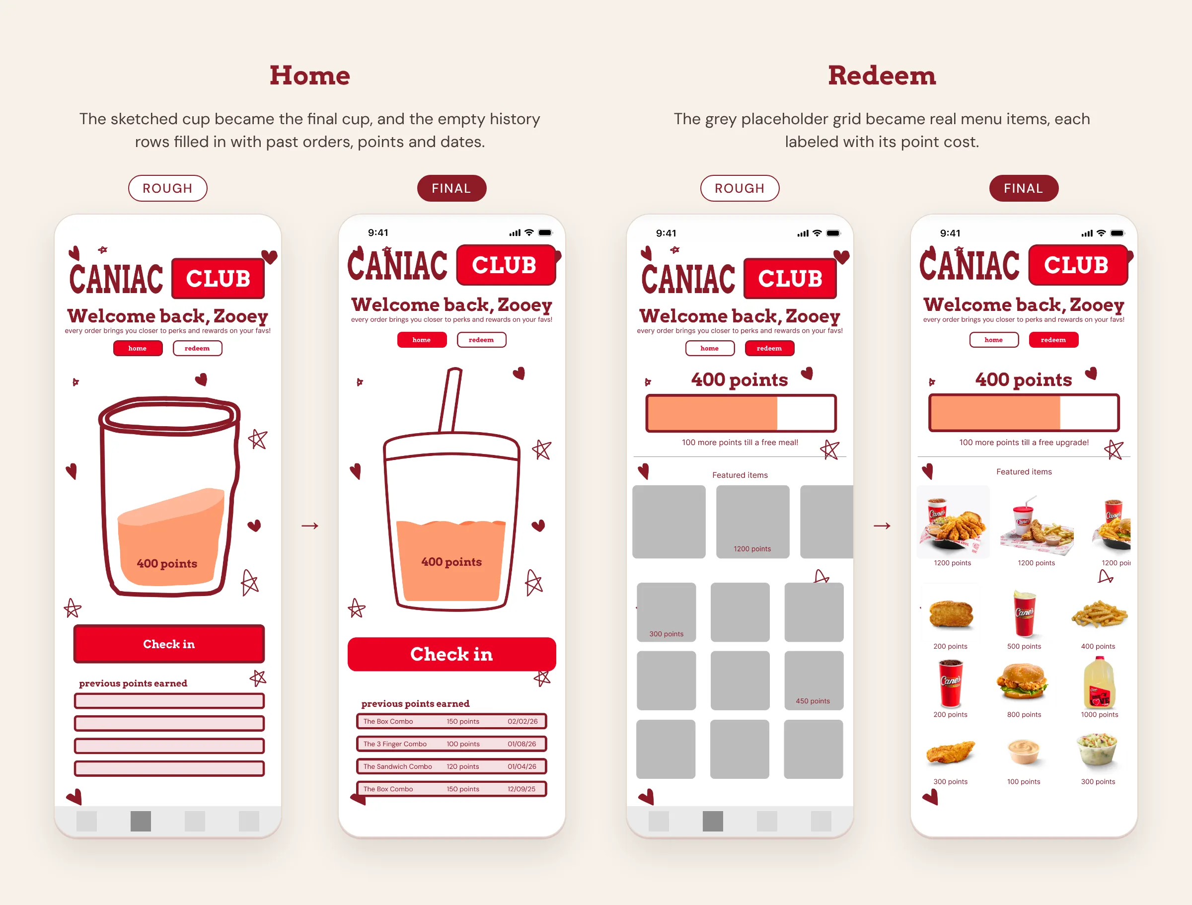 Rough to final: the sketched rewards home and redeem screen next to the tested versions