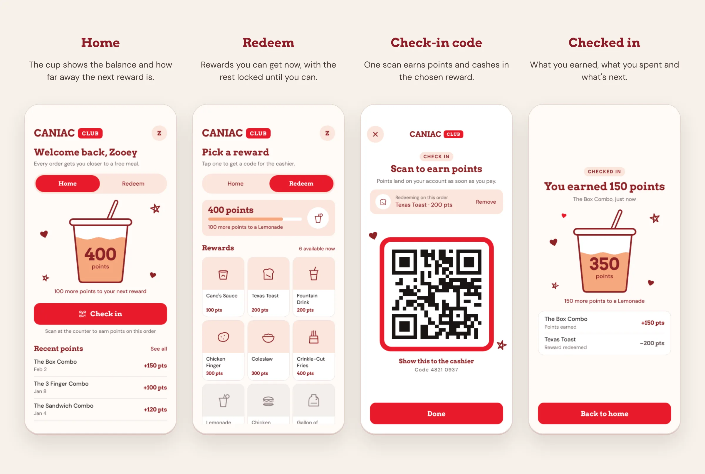 The four rebuilt screens in order: Home, Redeem, Check-in code and Checked in
