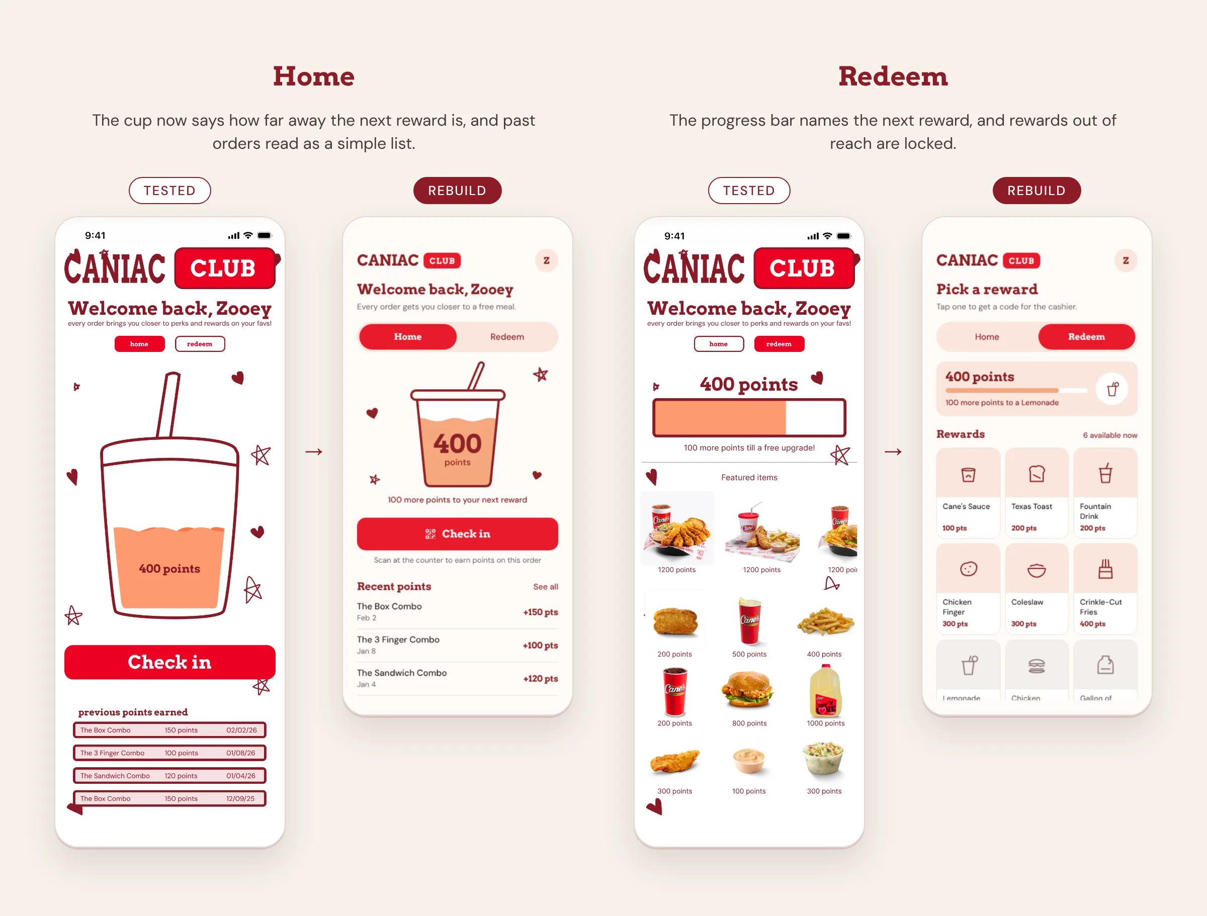 The tested home and redeem screens next to the rebuilt versions