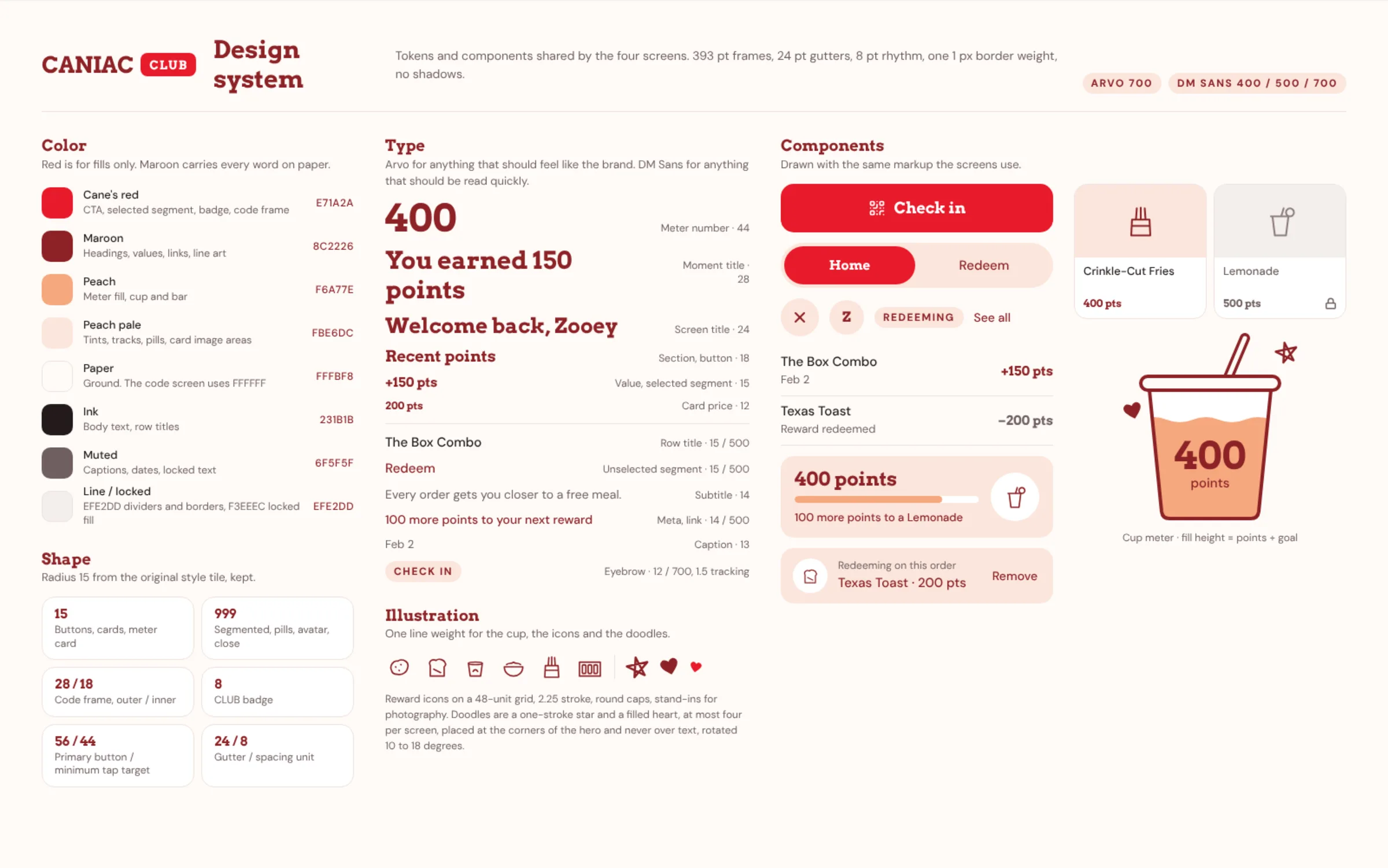 The rebuild's design system: color, type, shape, illustration and components
