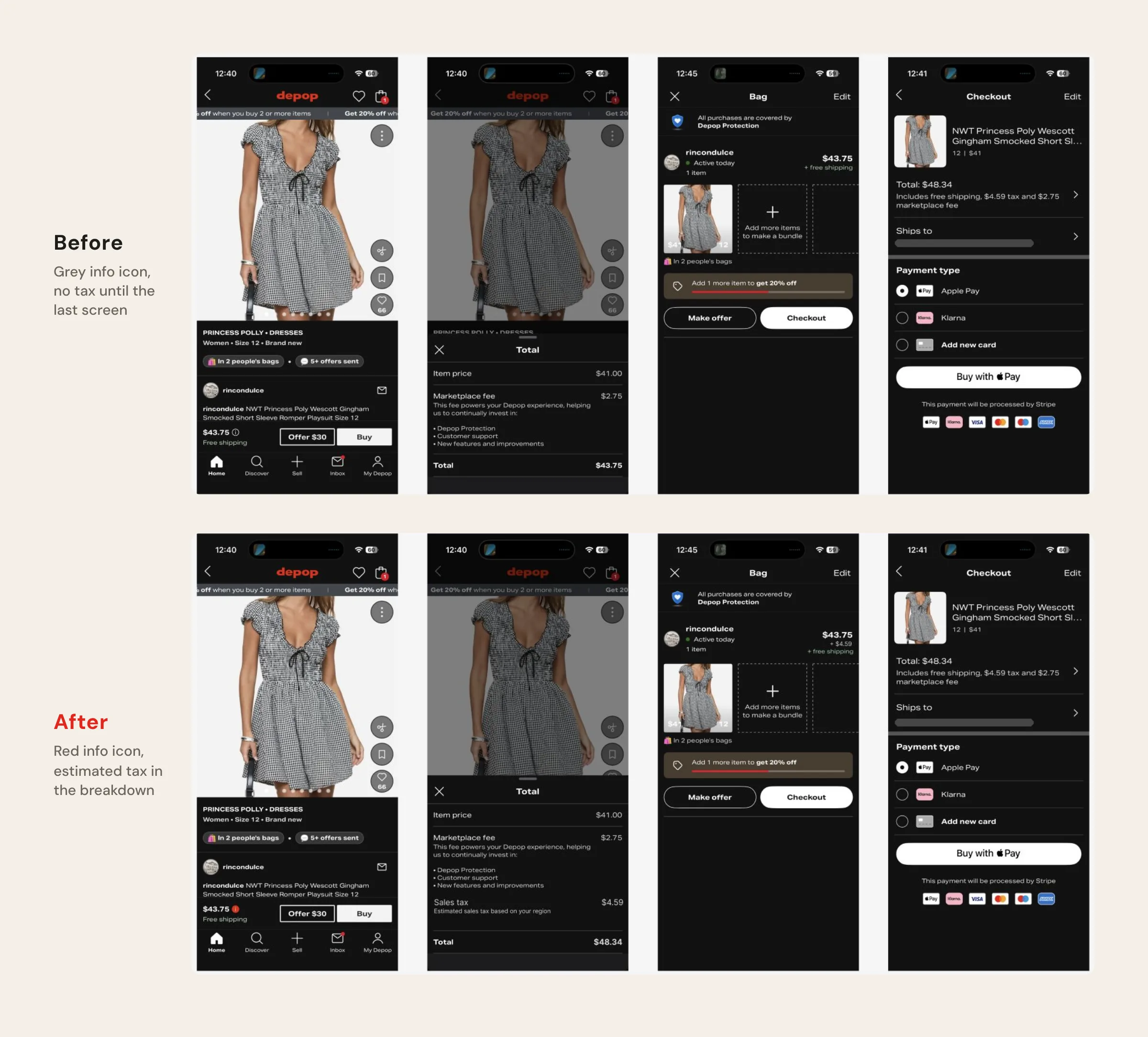 The four-screen offer and checkout flow, before and after the two changes