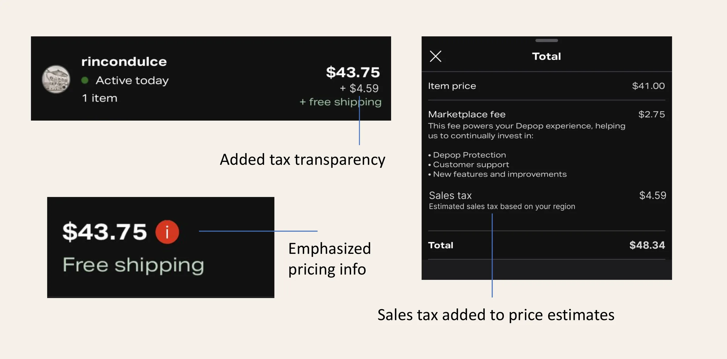 Close-ups of the two changes: the info icon in Depop red, and the breakdown with the new estimated tax line