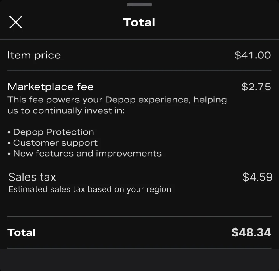 Depop cost breakdown modal with estimated sales tax added