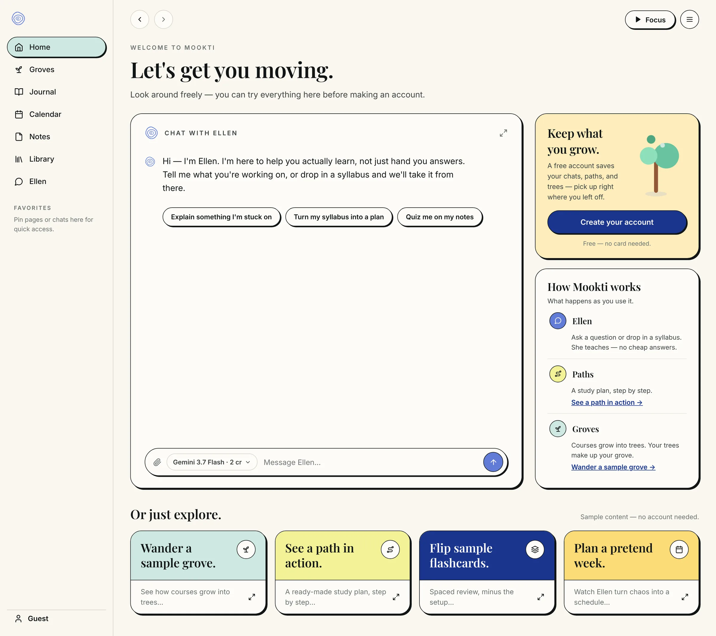 The welcome screen with the "How Mookti works" accordion