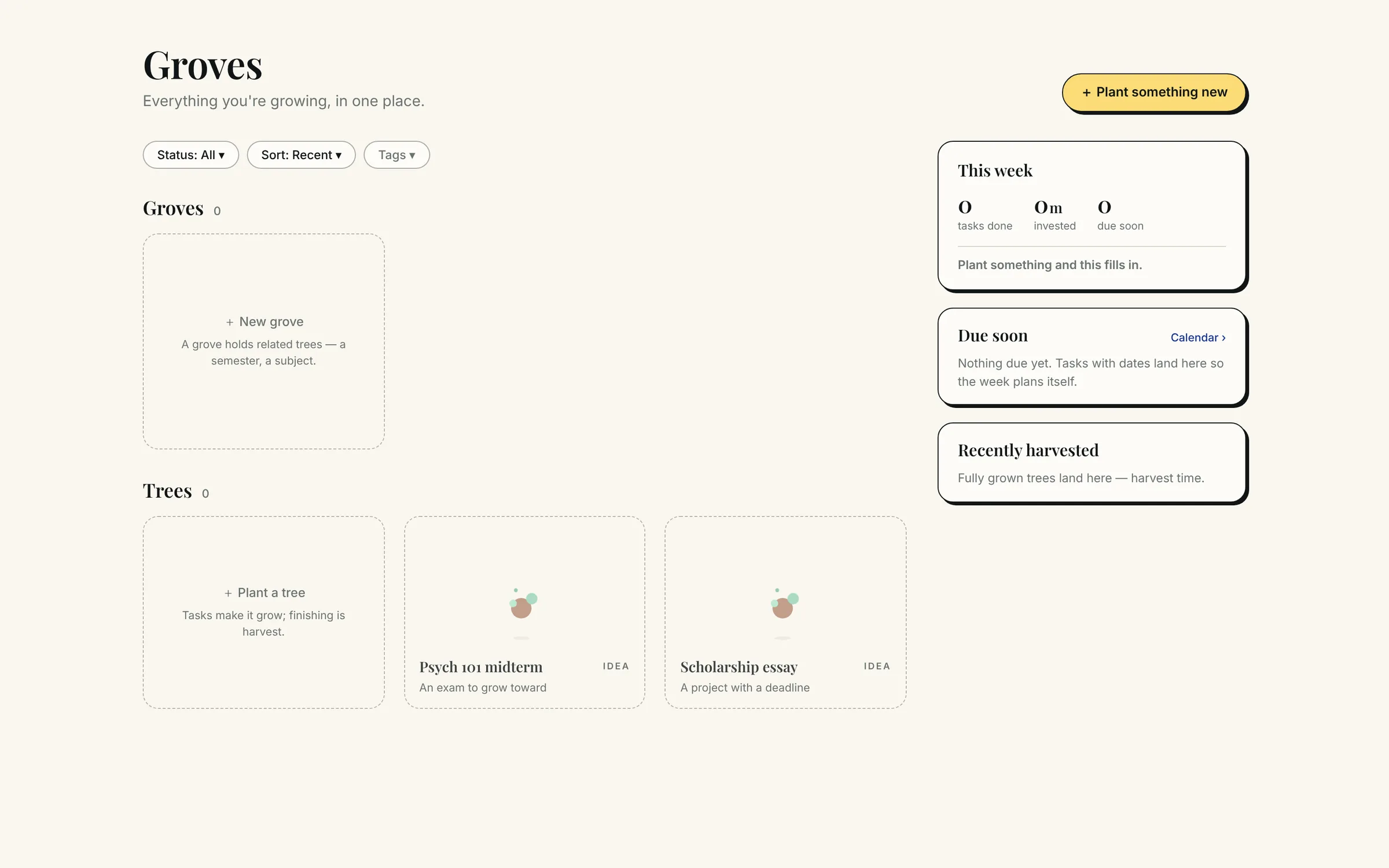 The empty Groves page, with guide text in each empty area