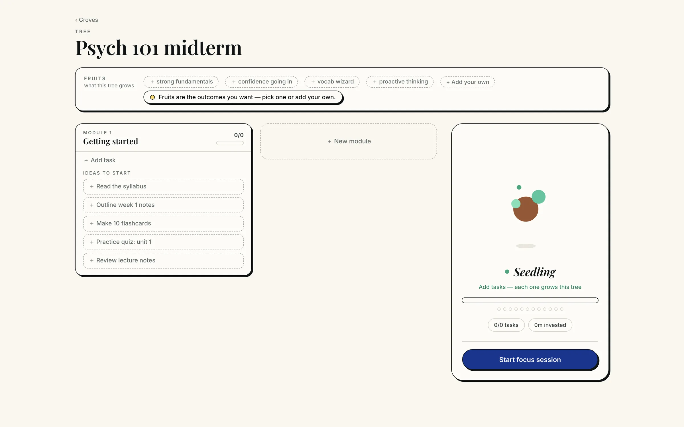 A first tree on the Groves page, with suggested goals and starter tasks
